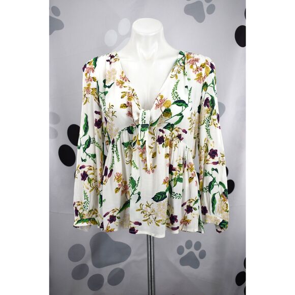 Lucky Brand Malia Peasant Top Long 3/4 Sleeve Floral V Neck Tie Boho Blouse Sm - Picture 3 of 9